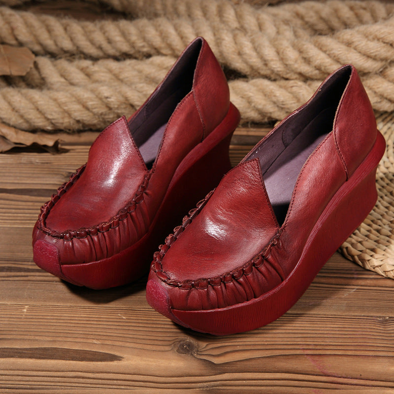 Women's Leather Platform Wedges - Ruched Toe High Heel Slip-ons