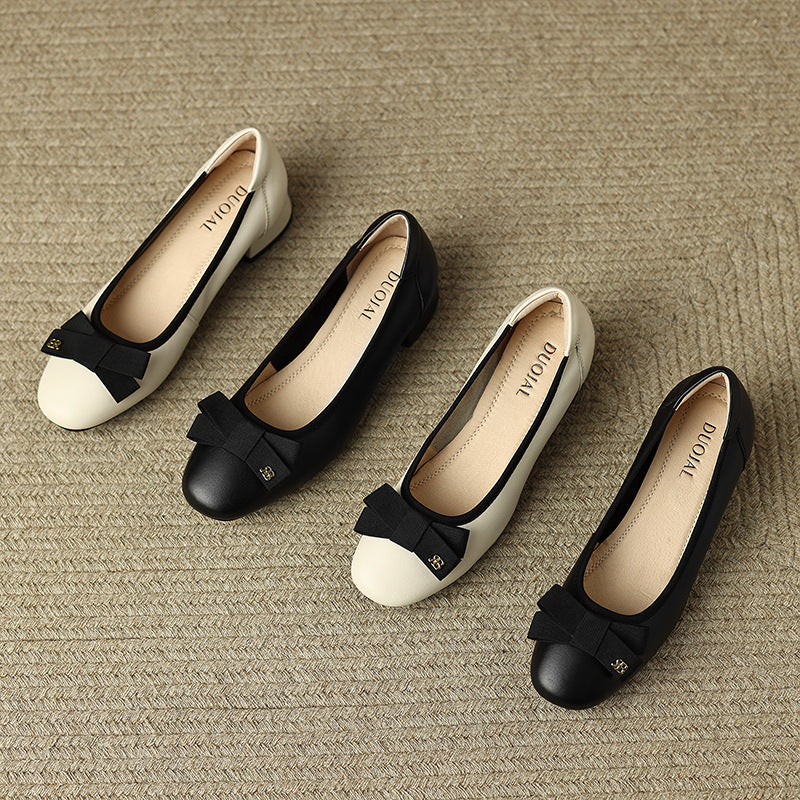 Women's Leather Ballet Flats - Round Toe with Elegant Bow Detail
