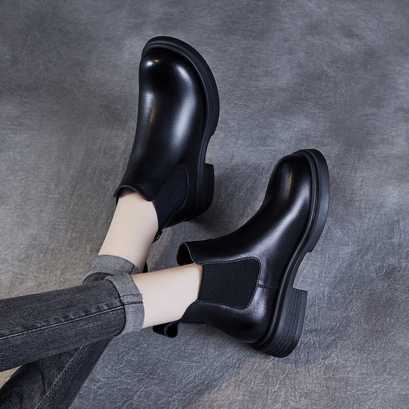 Women's Leather Short Boots – Chelsea Style Chunky Heel Comfort Shoes
