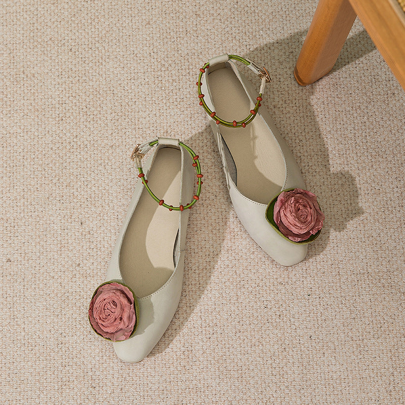 Women's Leather Handmade Literary Style Flower Pointed Toe Flat Shoes