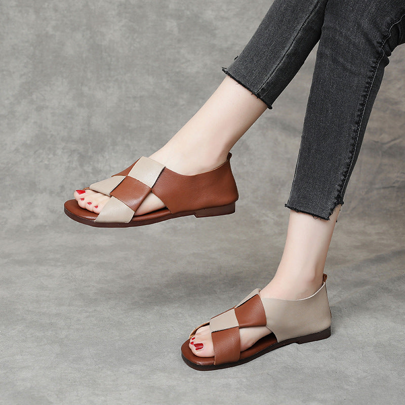 Women's Handmade Leather Open Toe Slip-On Flat Sandals