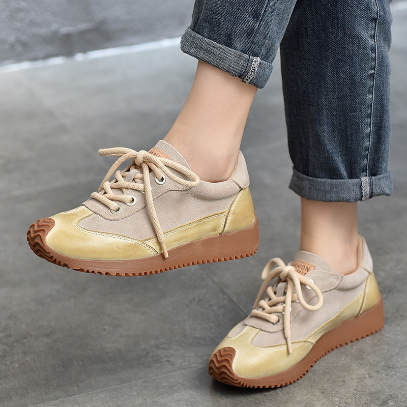 Women's Leather Patchwork Sneakers – Retro Casual Shoes