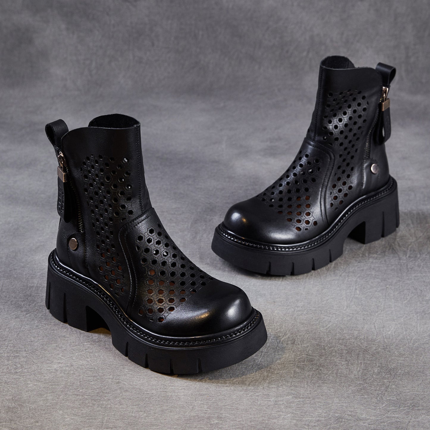 Women’s Retro Leather Cut-Out Ankle Boots – Summer Chunky Block Heel Zip Boots