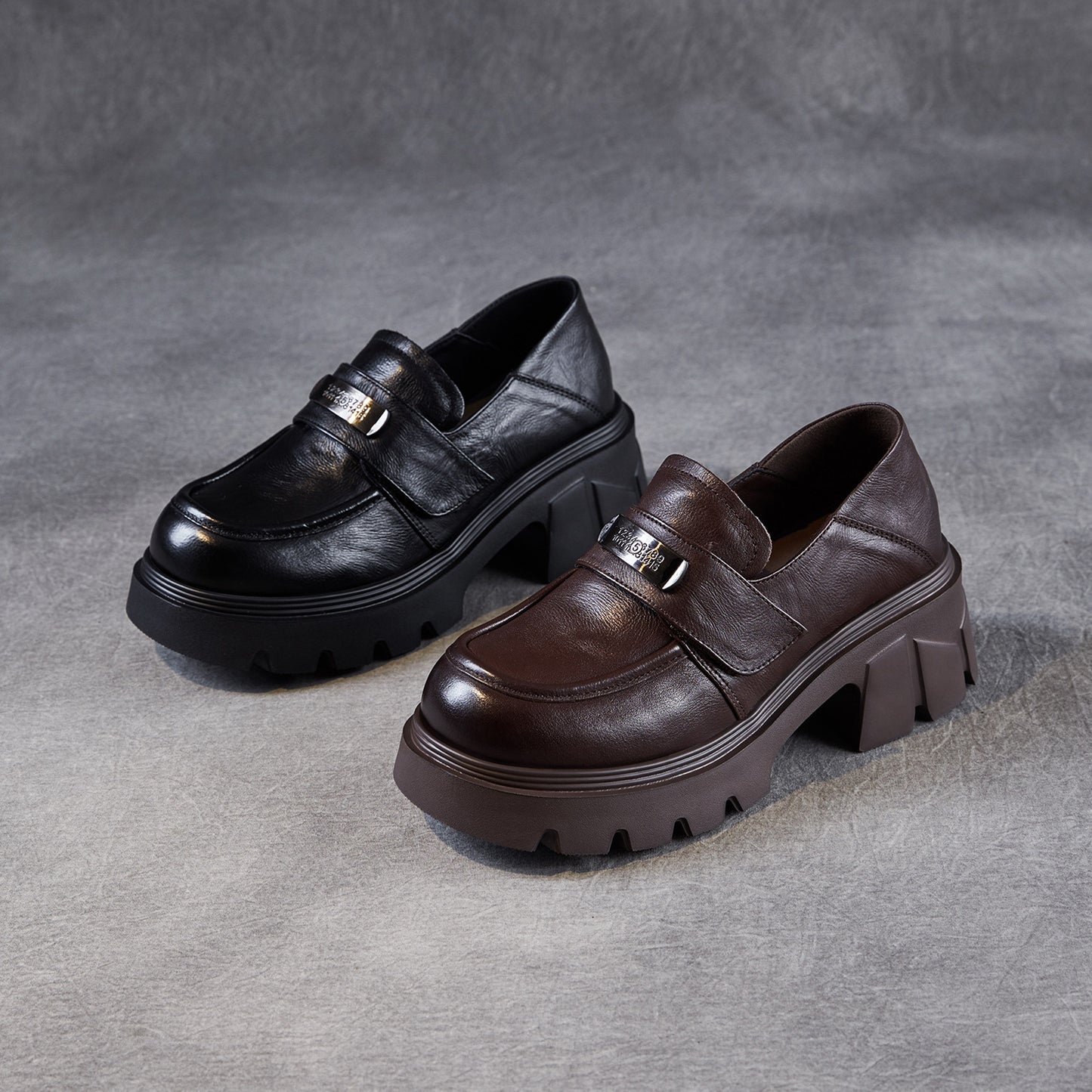 Women’s Leather Platform Block Heel Loafers – Vintage Metal Detail