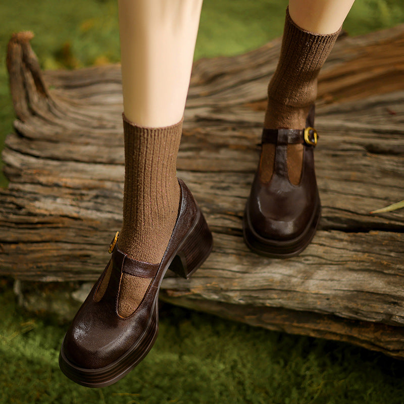 Handmade Sheepskin Mary Janes - Women's T-Strap Platform Chunky Heels