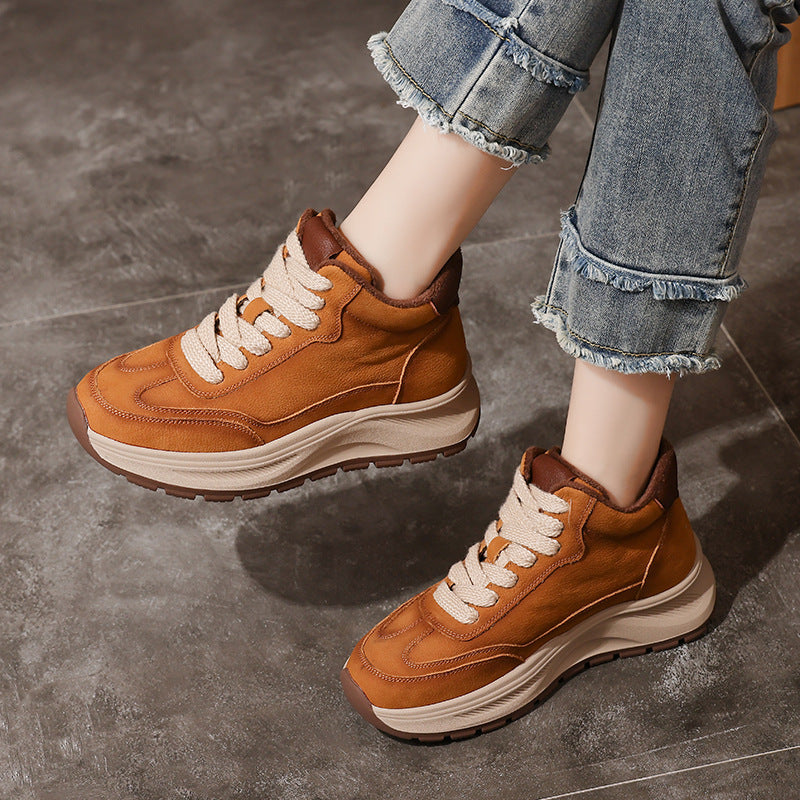 Women's Retro High-Top Leather Sneakers – Chunky Sole Casual Platform Shoes
