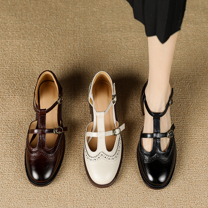Retro Women's Leather Mary Jane Brogue Ankle Strap Shoes – Classic Low Heel