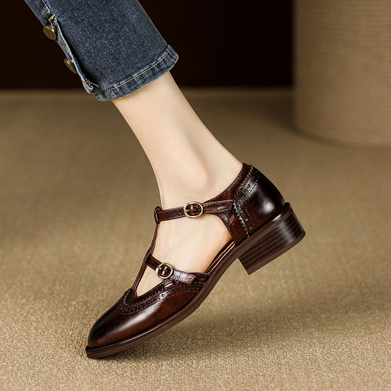 Retro Women's Leather Mary Jane Brogue Ankle Strap Shoes – Classic Low Heel
