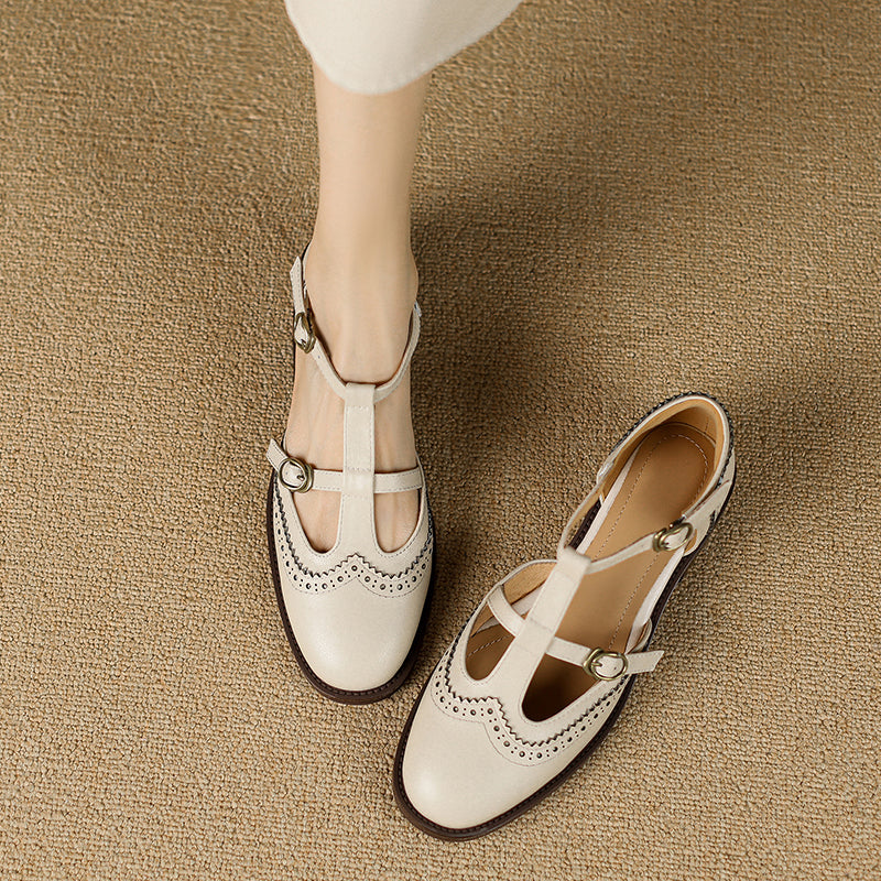 Retro Women's Leather Mary Jane Brogue Ankle Strap Shoes – Classic Low Heel