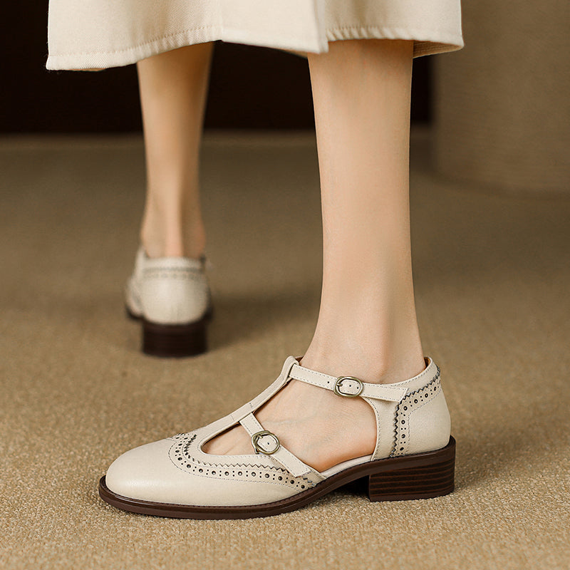 Retro Women's Leather Mary Jane Brogue Ankle Strap Shoes – Classic Low Heel