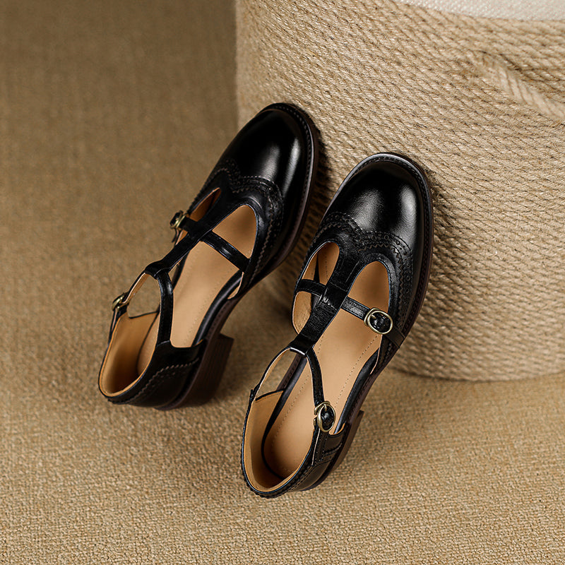 Retro Women's Leather Mary Jane Brogue Ankle Strap Shoes – Classic Low Heel