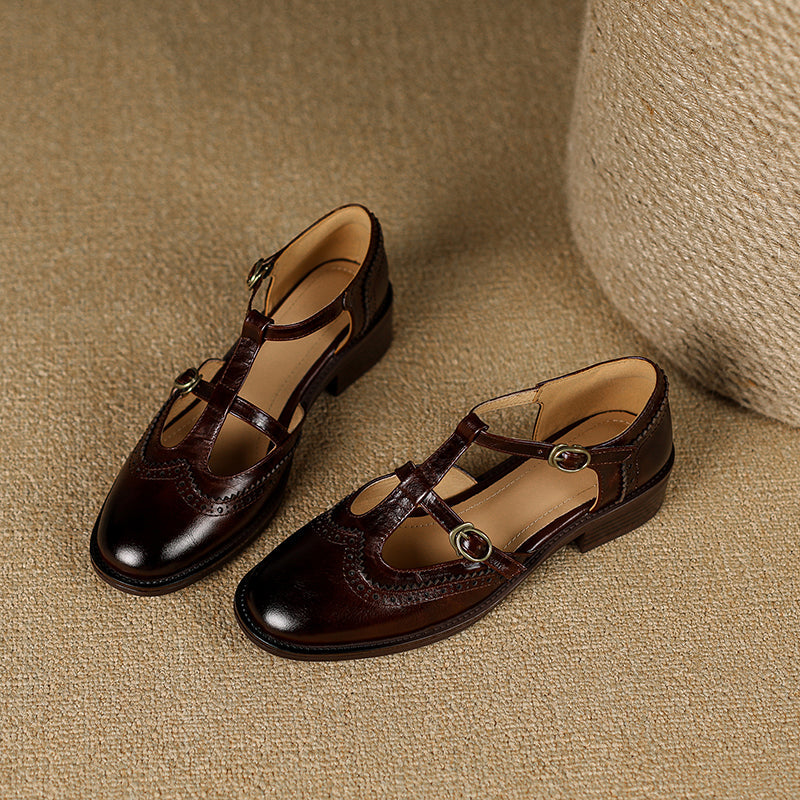 Retro Women's Leather Mary Jane Brogue Ankle Strap Shoes – Classic Low Heel