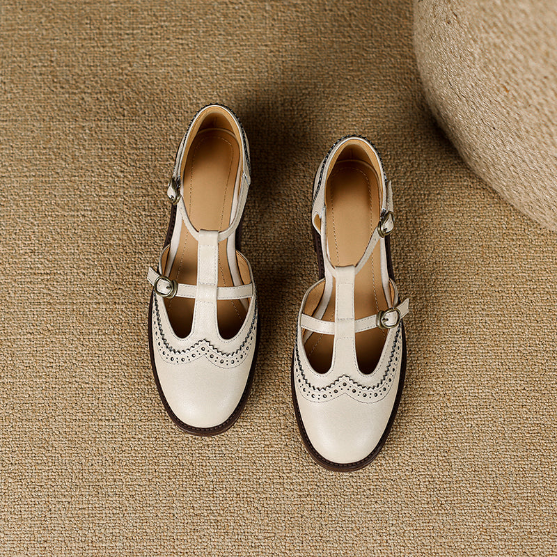 Retro Women's Leather Mary Jane Brogue Ankle Strap Shoes – Classic Low Heel