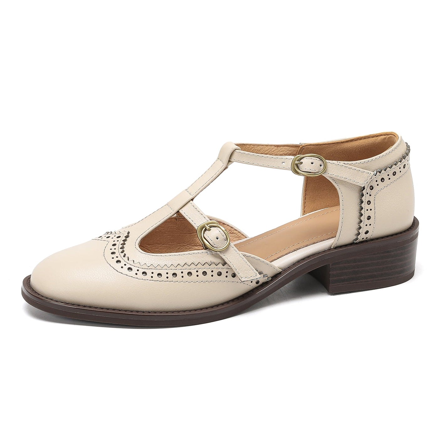 Retro Women's Leather Mary Jane Brogue Ankle Strap Shoes – Classic Low Heel