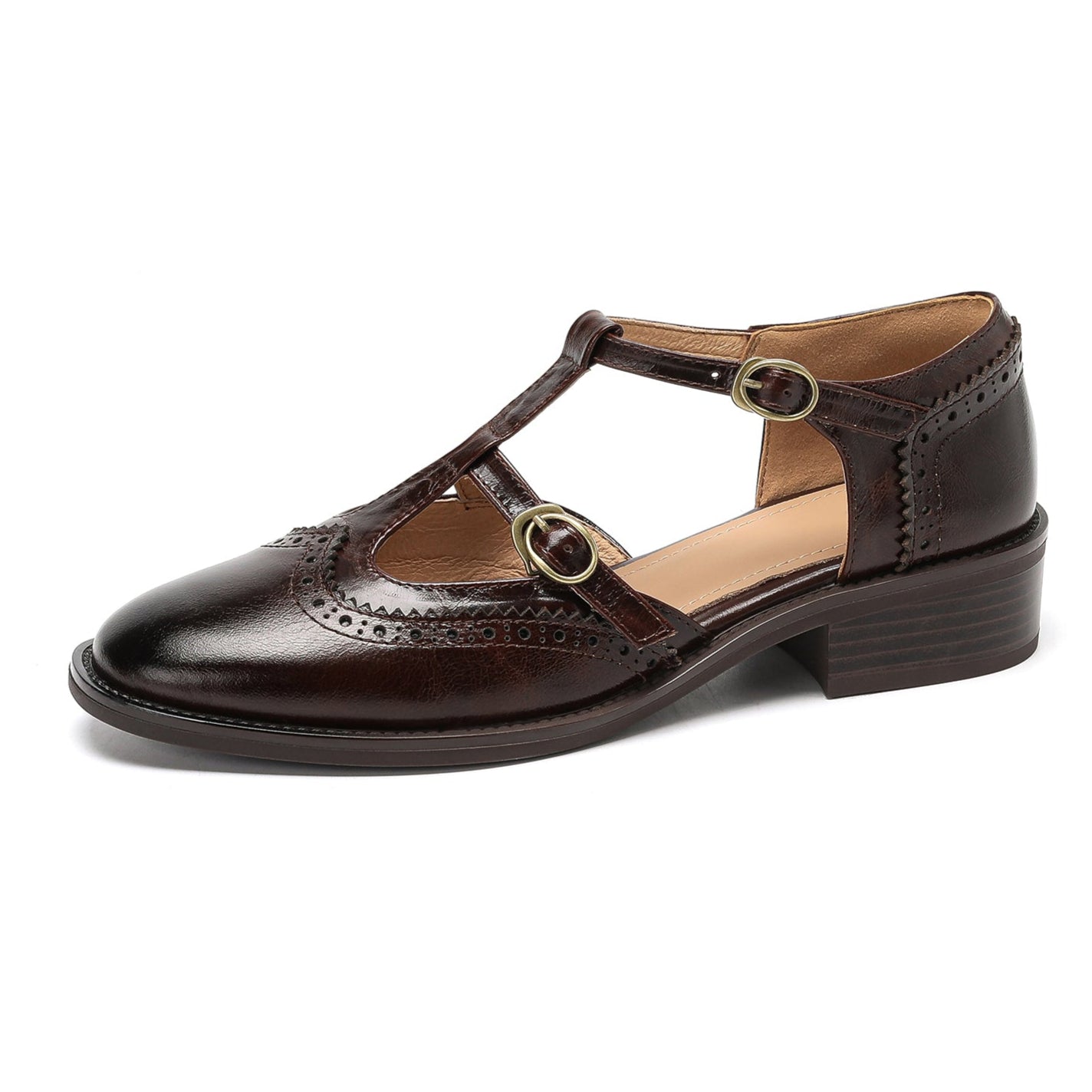 Retro Women's Leather Mary Jane Brogue Ankle Strap Shoes – Classic Low Heel