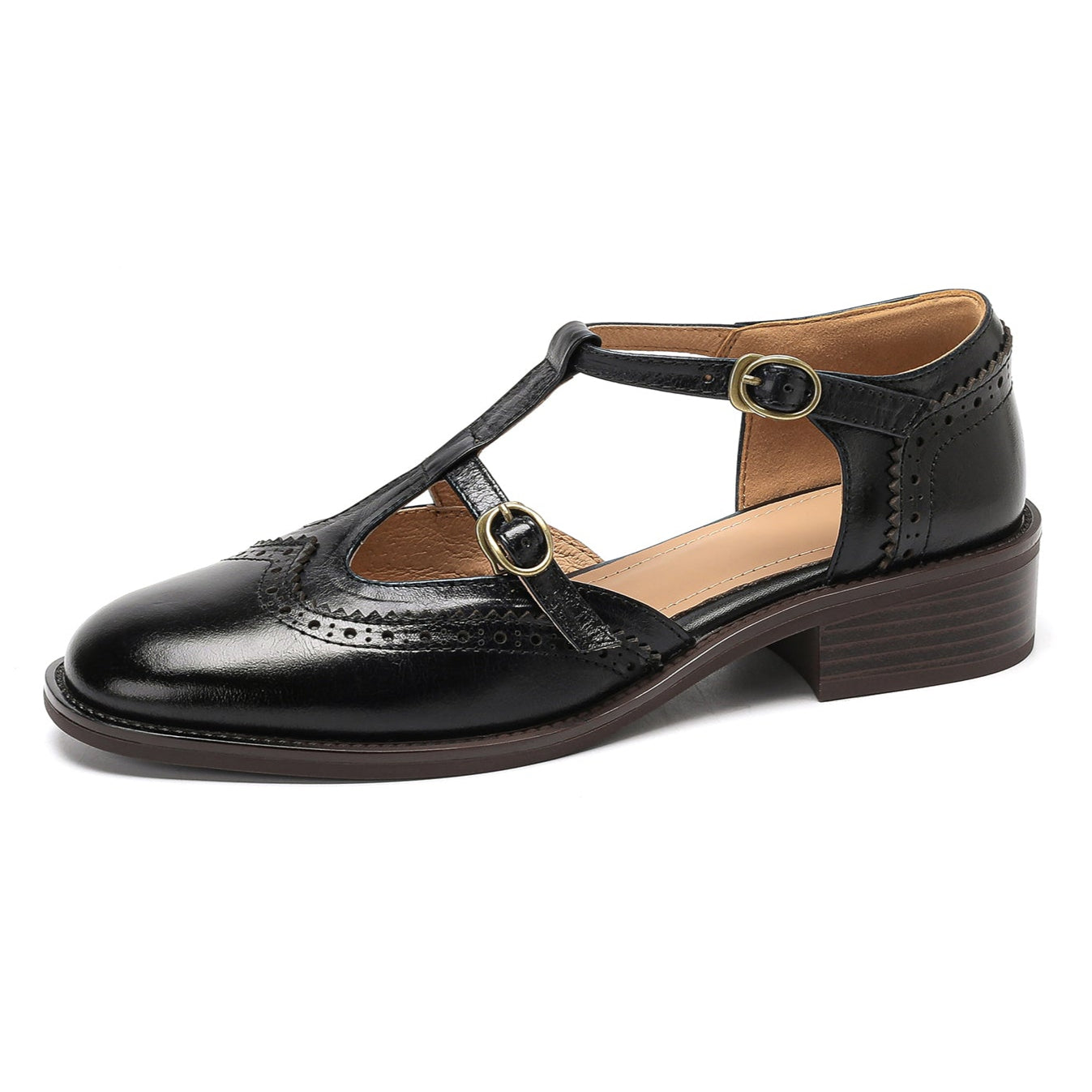 Retro Women's Leather Mary Jane Brogue Ankle Strap Shoes – Classic Low Heel