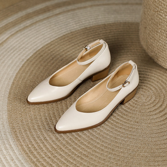 Women's Ankle Strap Pointed Toe Graceful Sheepskin Mary Jane Pumps Office Heels