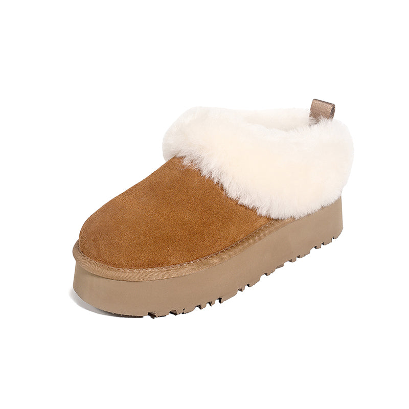 Women's Genuine Leather Platform Fleece-lined Winter Warm Snow Mules