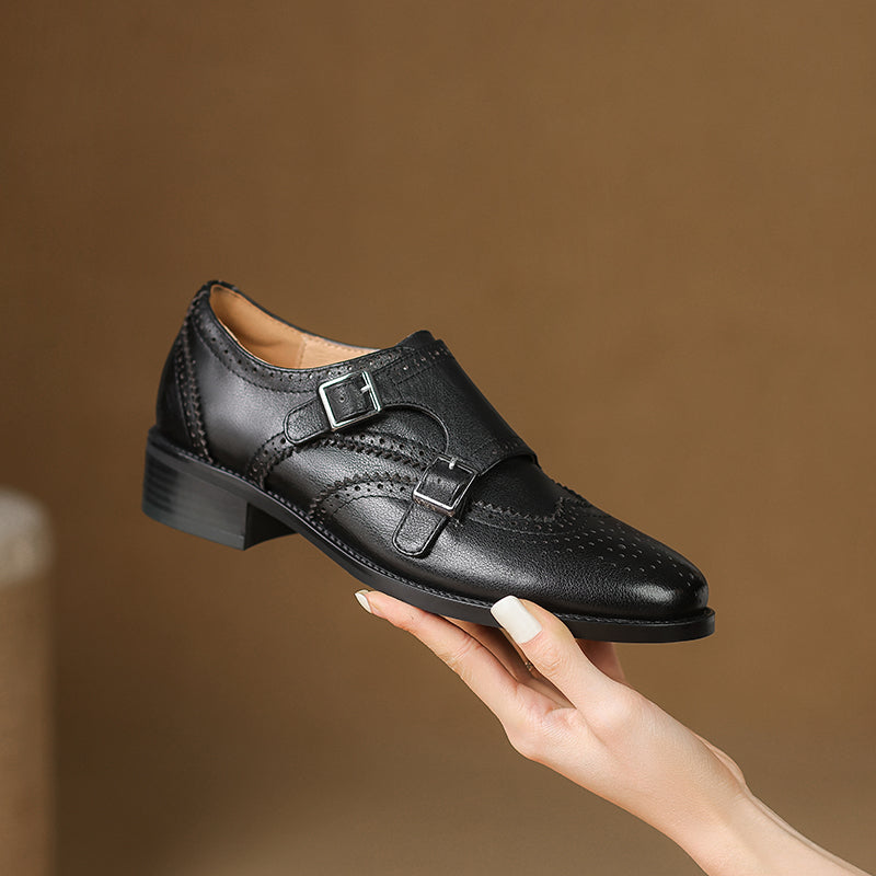 Women's Leather Double Monk Strap Brogue Loafers Vintage Wingtip Commuter Flats