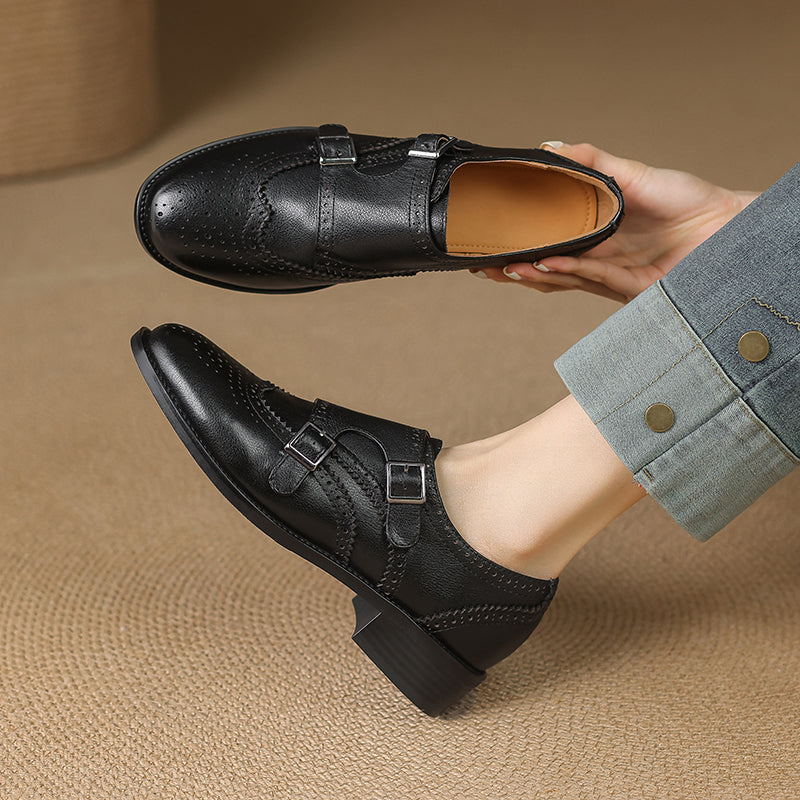Women's Leather Double Monk Strap Brogue Loafers Vintage Wingtip Commuter Flats