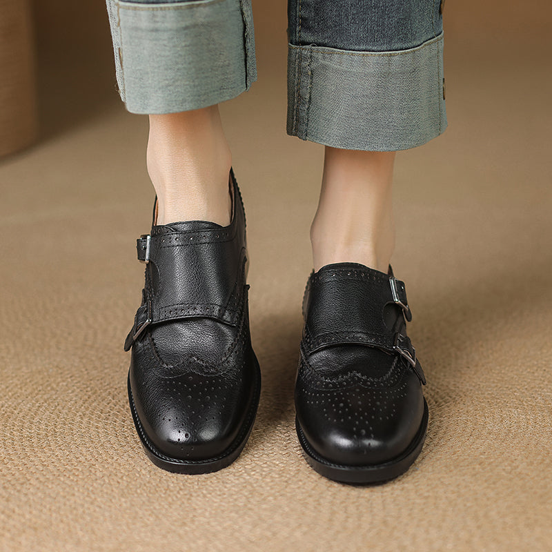 Women's Leather Double Monk Strap Brogue Loafers Vintage Wingtip Commuter Flats