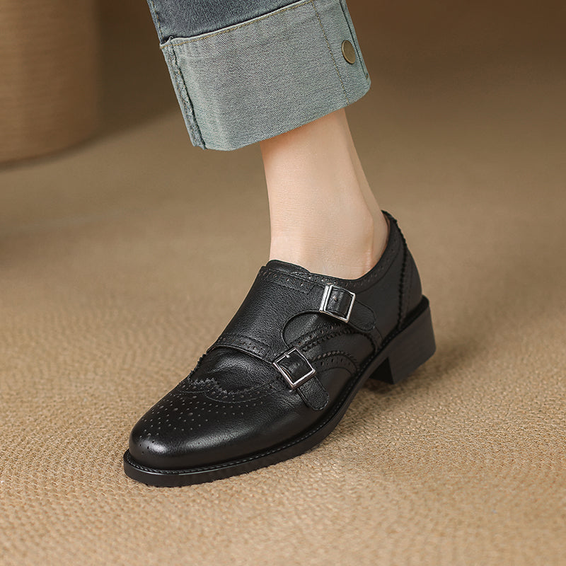 Women's Leather Double Monk Strap Brogue Loafers Vintage Wingtip Commuter Flats