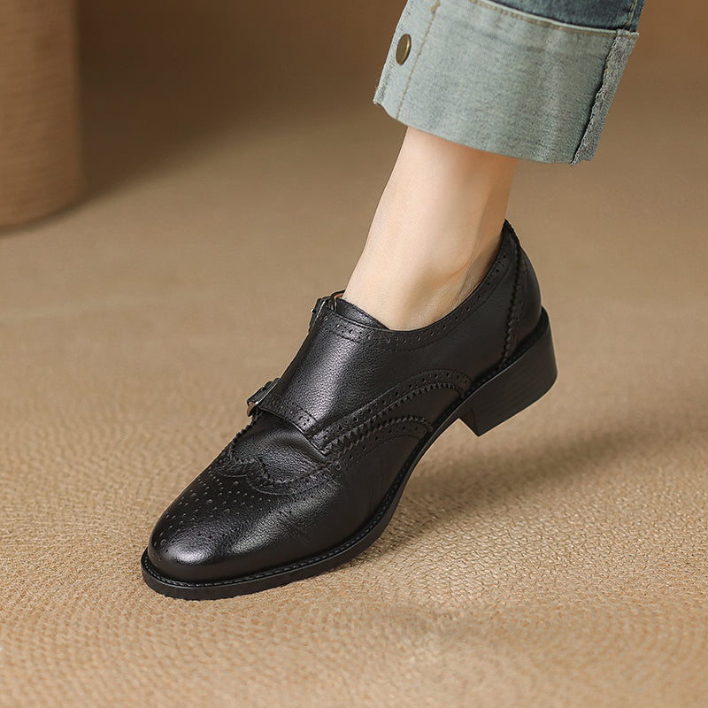 Women's Leather Double Monk Strap Brogue Loafers Vintage Wingtip Commuter Flats