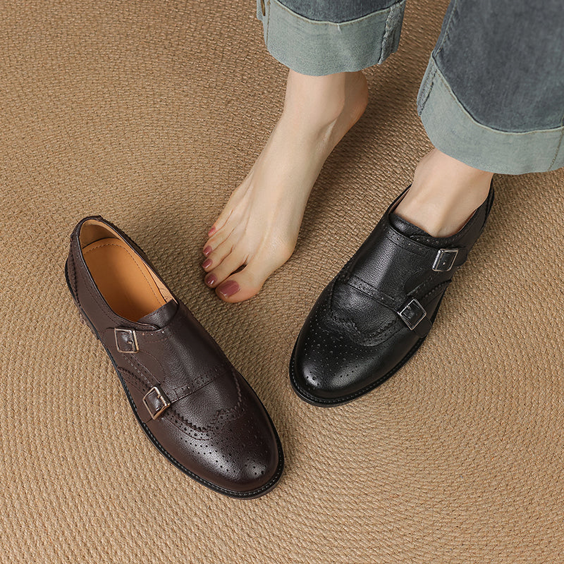 Women's Leather Double Monk Strap Brogue Loafers Vintage Wingtip Commuter Flats