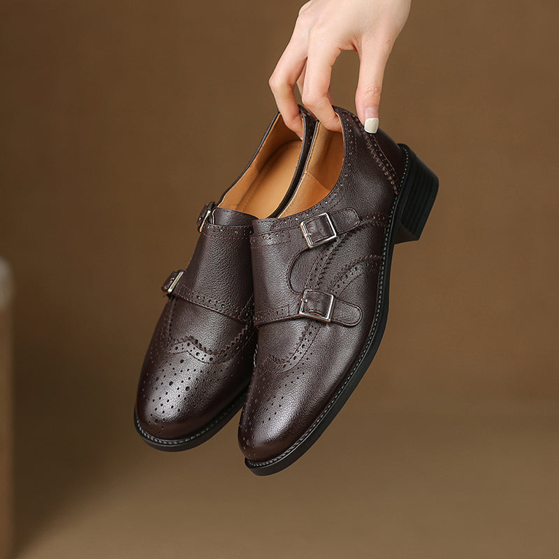 Women's Leather Double Monk Strap Brogue Loafers Vintage Wingtip Commuter Flats