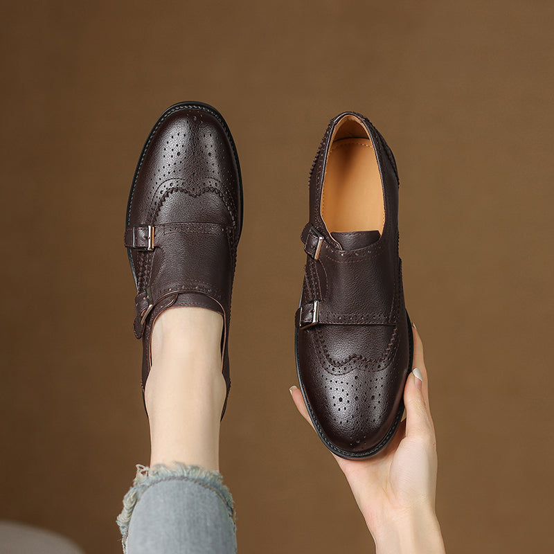 Women's Leather Double Monk Strap Brogue Loafers Vintage Wingtip Commuter Flats