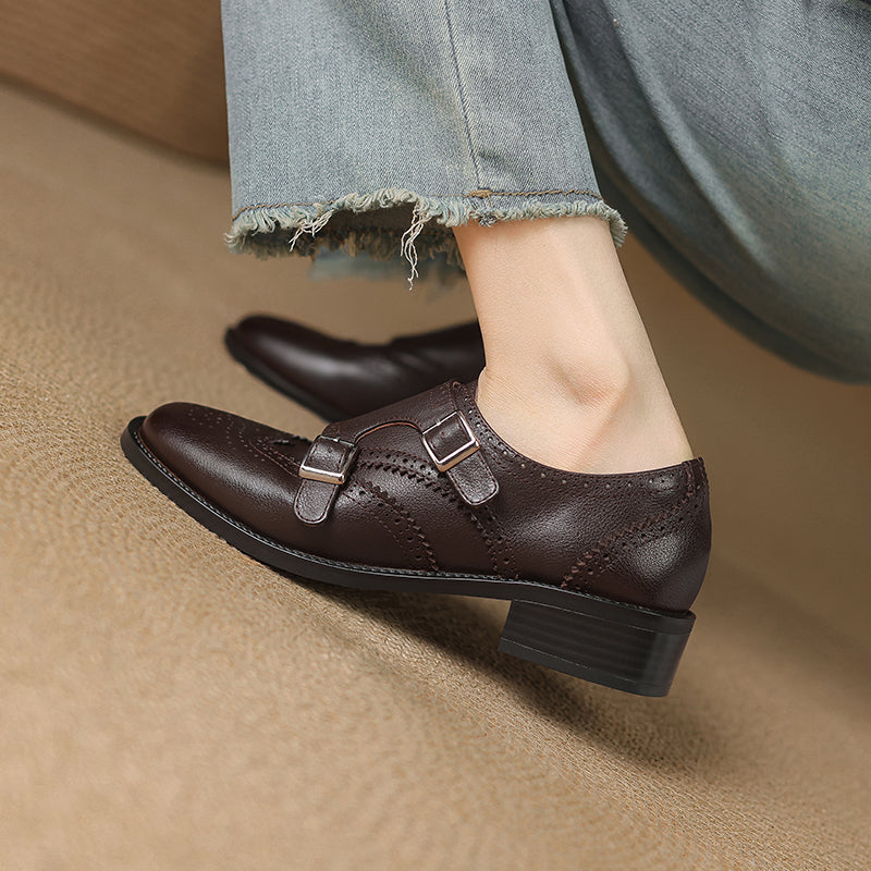 Women's Leather Double Monk Strap Brogue Loafers Vintage Wingtip Commuter Flats
