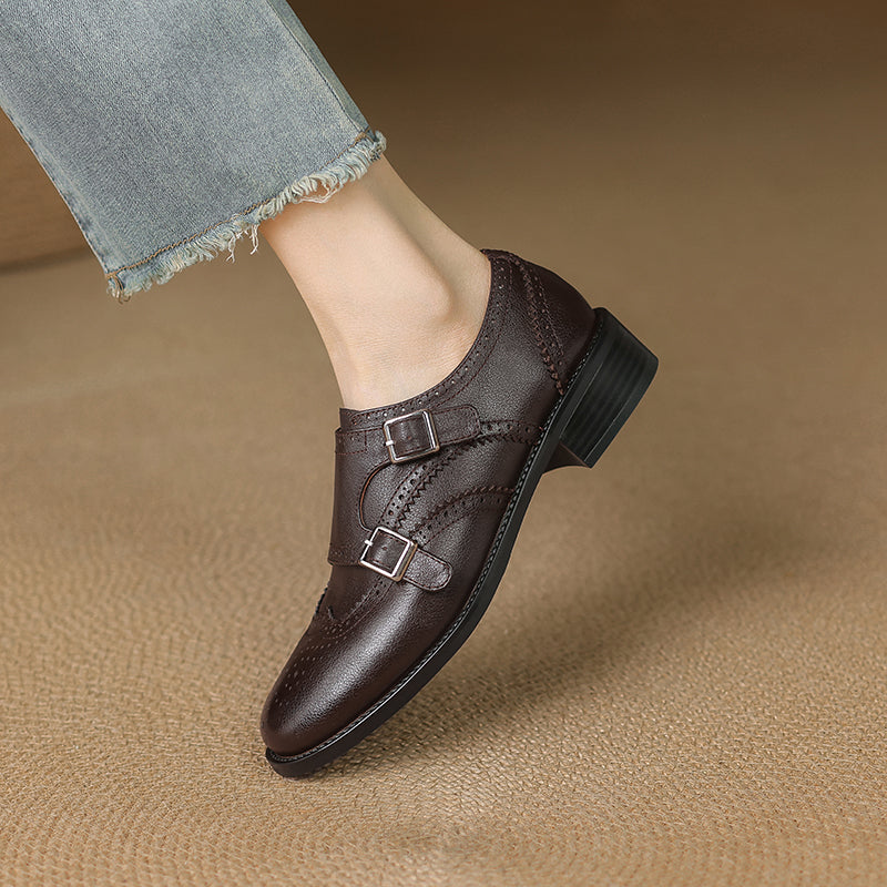 Women's Leather Double Monk Strap Brogue Loafers Vintage Wingtip Commuter Flats