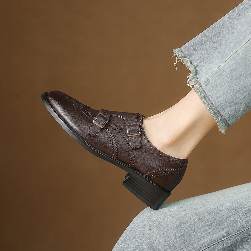 Women's Leather Double Monk Strap Brogue Loafers Vintage Wingtip Commuter Flats