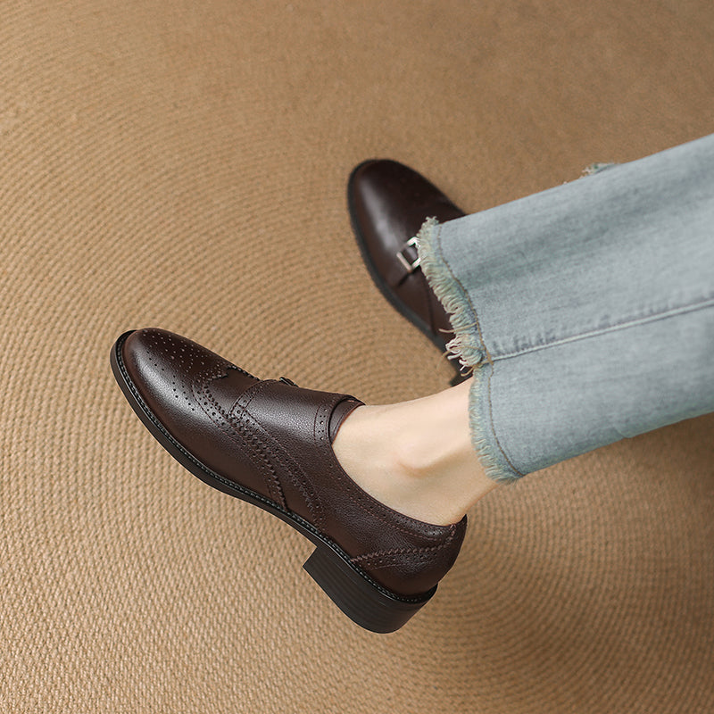 Women's Leather Double Monk Strap Brogue Loafers Vintage Wingtip Commuter Flats