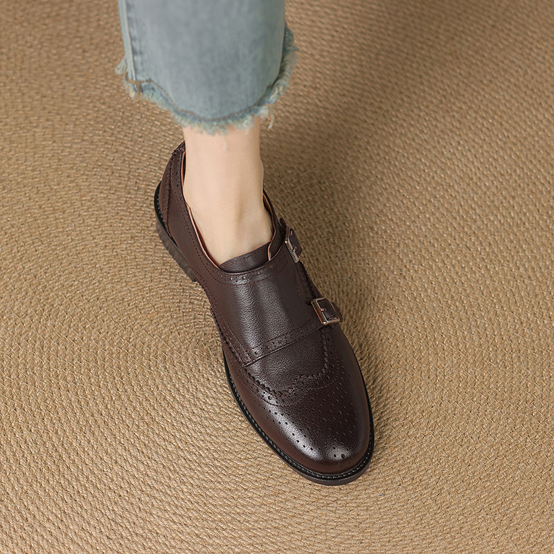 Women's Leather Double Monk Strap Brogue Loafers Vintage Wingtip Commuter Flats