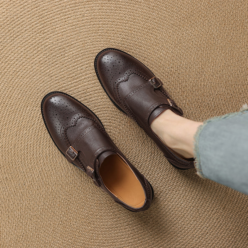 Women's Leather Double Monk Strap Brogue Loafers Vintage Wingtip Commuter Flats