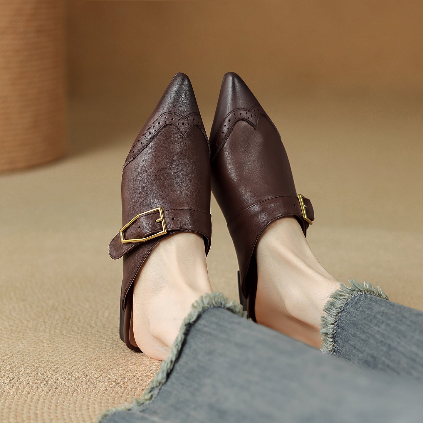 Women's Brogue Vintage Wingtip Pointed Mules - Luxury Leather Slip-on Flats