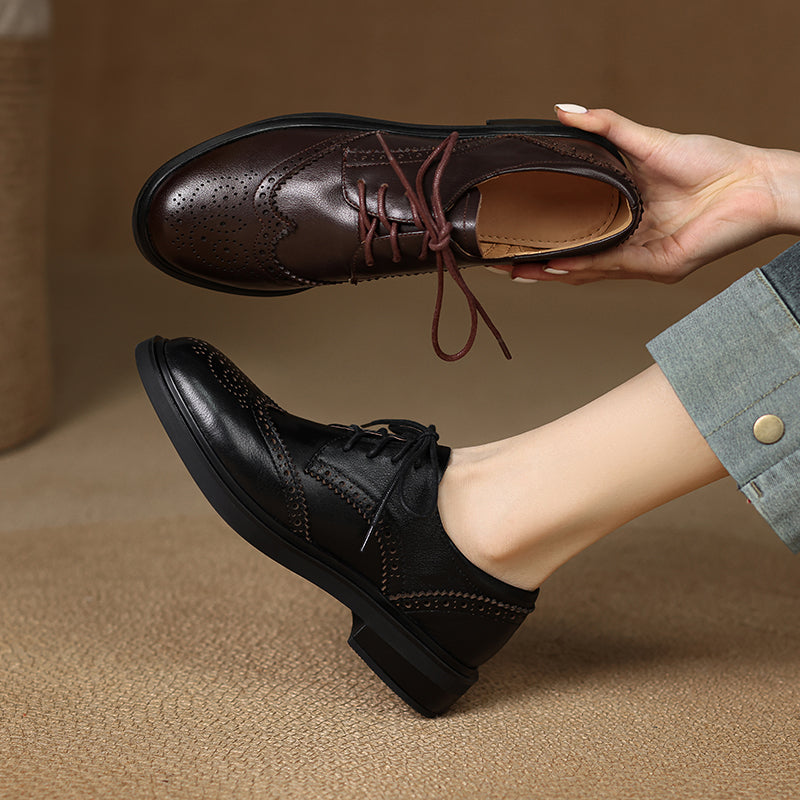 Women's Leather Brogue Shoes Loafers - Classic Lace-up Wingtip Flats