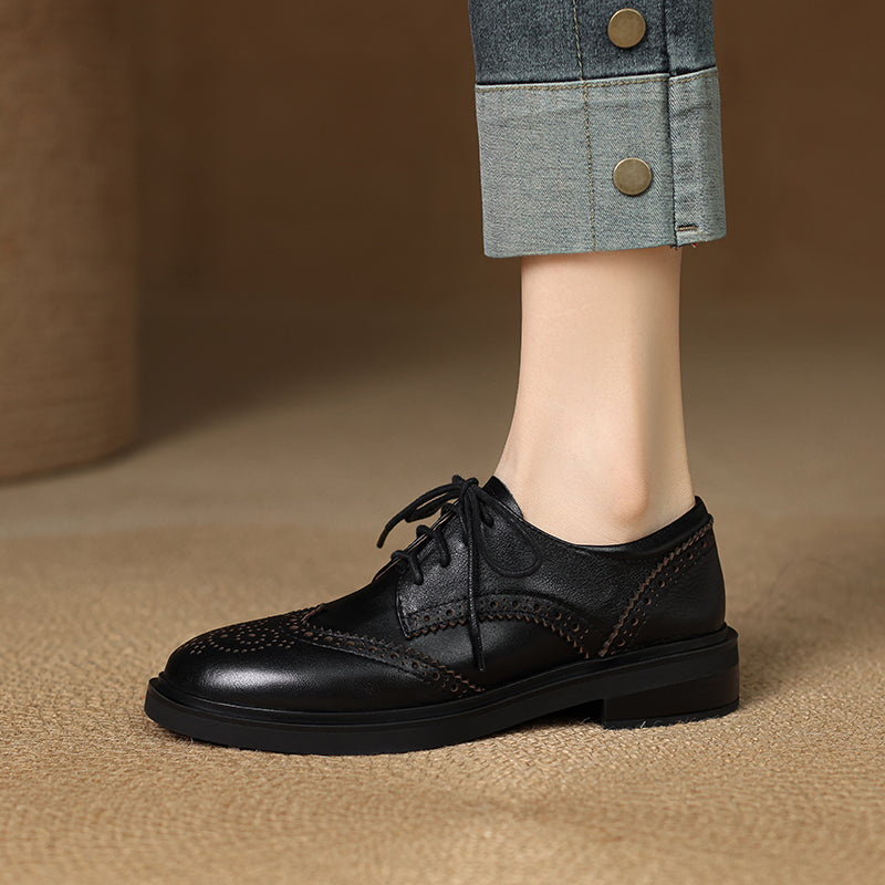 Women's Leather Brogue Shoes Loafers - Classic Lace-up Wingtip Flats