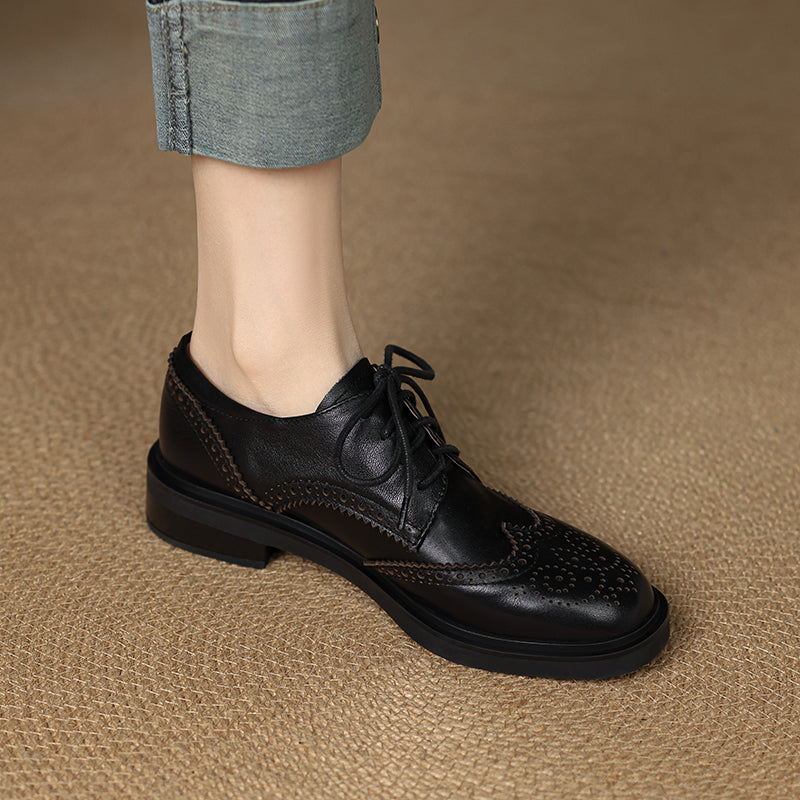 Women's Leather Brogue Shoes Loafers - Classic Lace-up Wingtip Flats
