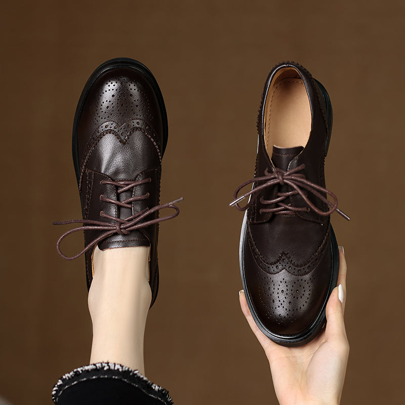 Women's Leather Brogue Shoes Loafers - Classic Lace-up Wingtip Flats