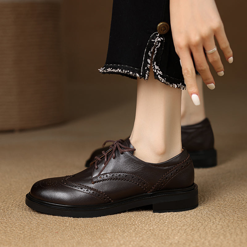 Women's Leather Brogue Shoes Loafers - Classic Lace-up Wingtip Flats