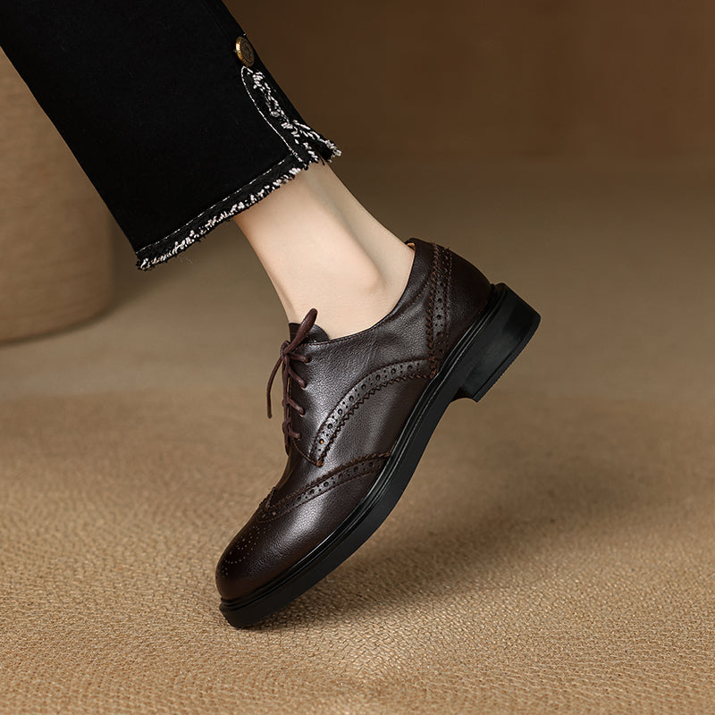 Women's Leather Brogue Shoes Loafers - Classic Lace-up Wingtip Flats