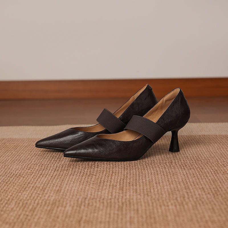 Women's French Style Sheepskin Pumps - Pointed Toe Elastic Strap Heels - 6.5cm Stiletto