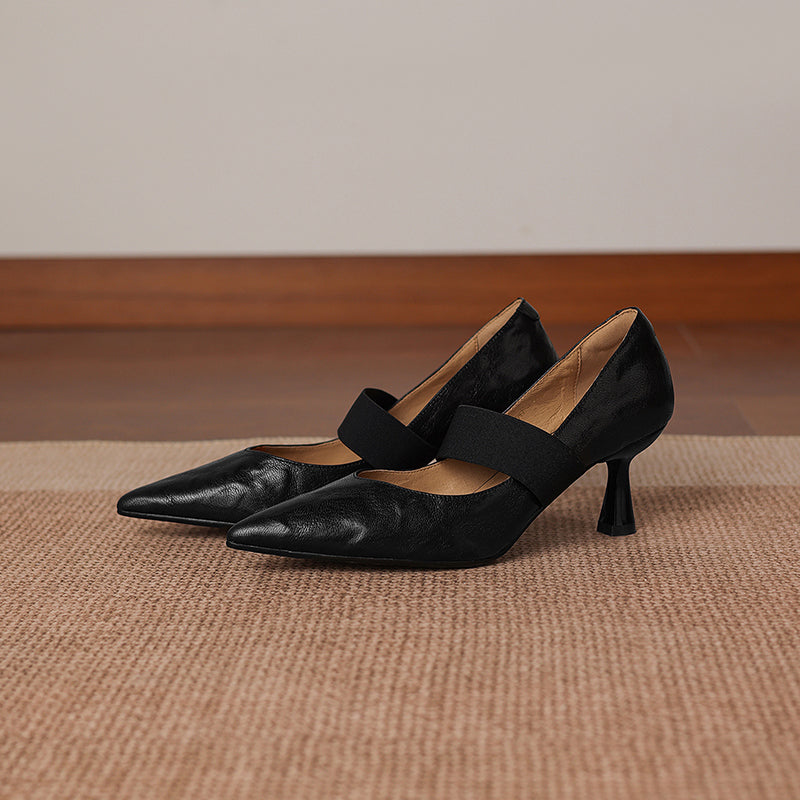Women's French Style Sheepskin Pumps - Pointed Toe Elastic Strap Heels - 6.5cm Stiletto