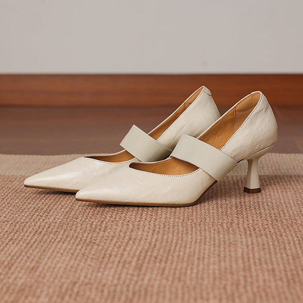 Women's French Style Sheepskin Pumps - Pointed Toe Elastic Strap Heels - 6.5cm Stiletto