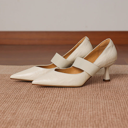 Women's French Style Sheepskin Pumps - Pointed Toe Elastic Strap Heels - 6.5cm Stiletto