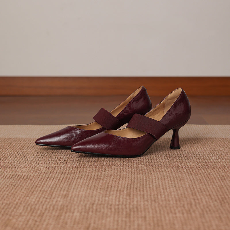 Women's French Style Sheepskin Pumps - Pointed Toe Elastic Strap Heels - 6.5cm Stiletto