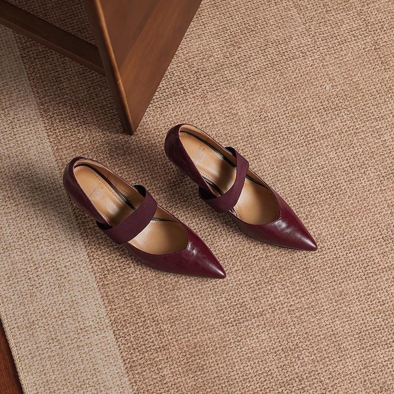 Women's French Style Sheepskin Pumps - Pointed Toe Elastic Strap Heels - 6.5cm Stiletto