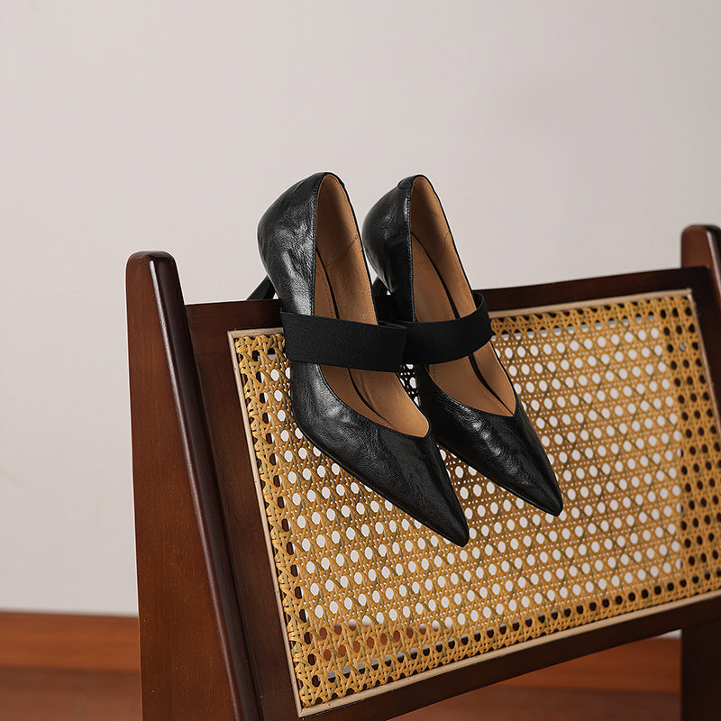 Women's French Style Sheepskin Pumps - Pointed Toe Elastic Strap Heels - 6.5cm Stiletto